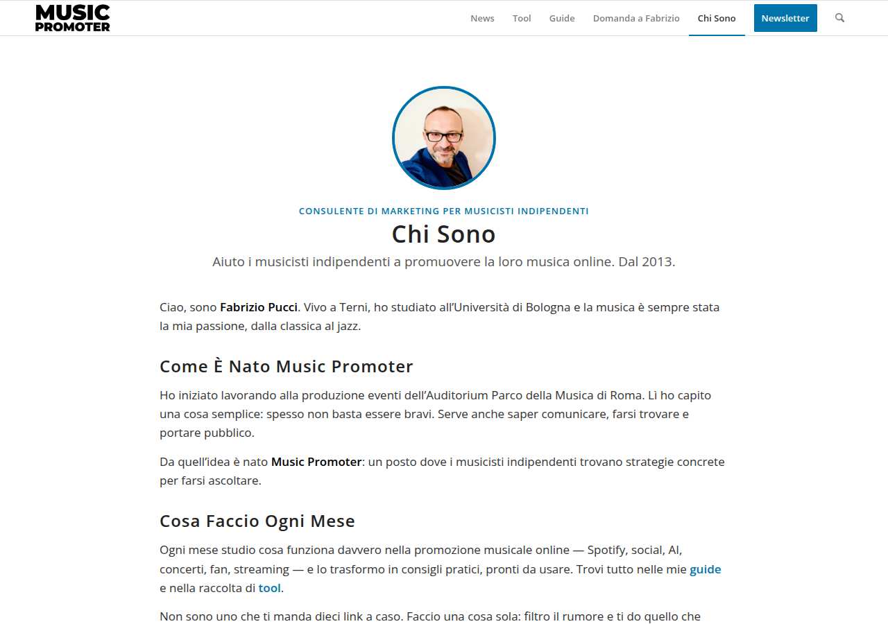 The home page of Fabrizio Pucci, musicpromoter.it
