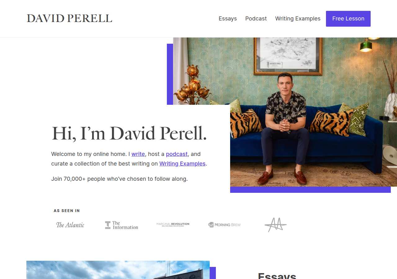 The home page of David Perell, perell.com