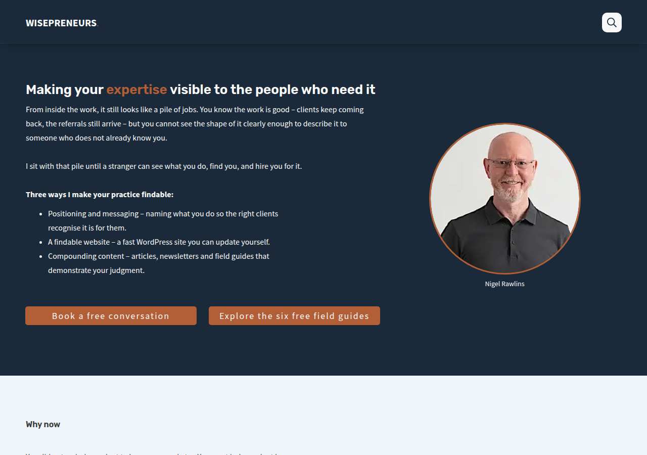 The home page of Nigel Rawlins, wisepreneurs.com.au