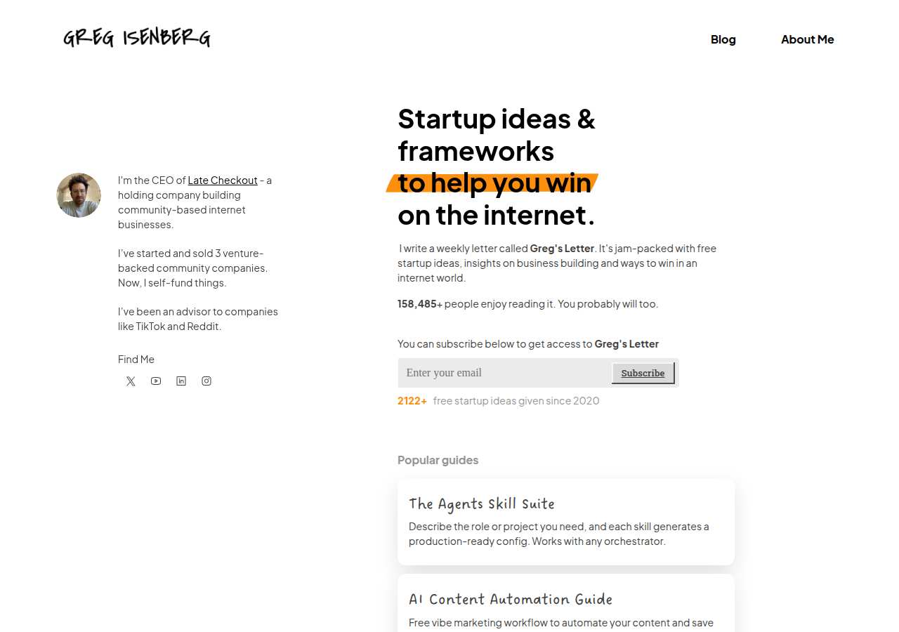 The home page of Greg Isenberg, gregisenberg.com